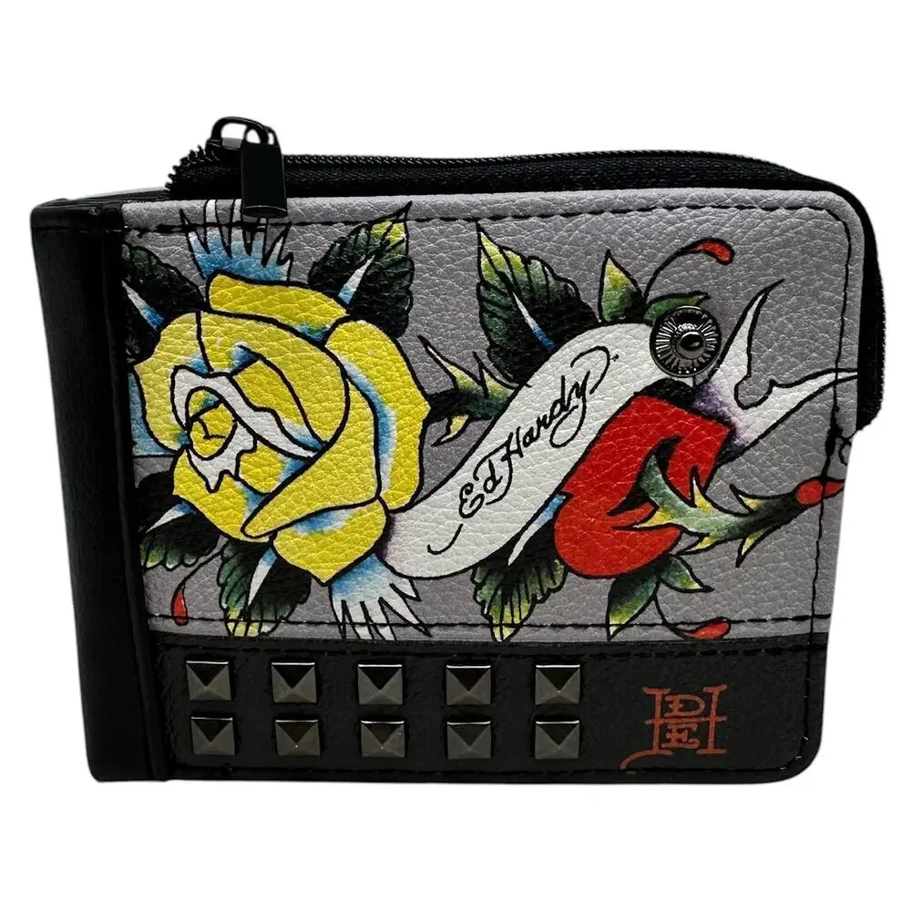 Ed Hardy Men's Pyramid Stud Printed Snap Closure Bifold Wallet